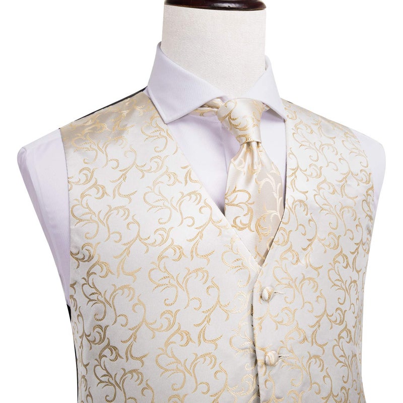 Hi-Tie Silk Floral Champagne Suit Vests Set for Mens Necktie Jacquard Formal Dress Waistcoat for Tuxedo Wedding Party Business - Image 3